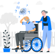An older man in a wheelchair suffering from confusion or dementia, supported by an other woman, who is pushing the wheelchair.