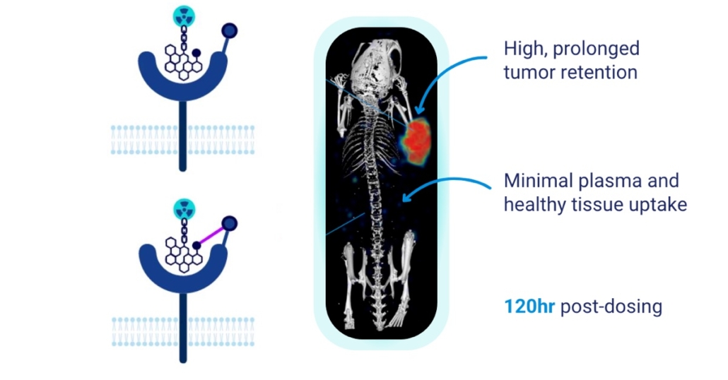 Actithera Web Site WEBP July 3 2025 - Platform page Covalent Rec Norwegian Actithera adds the covalent bond to the target to the RLT space (left side) which leads to a improved retention time at the tumor with minimal background over several days