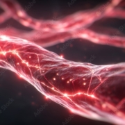 Dynamic image showing rhythmic red pressure waves highlighting high blood flow resistance in hypertension affected arteries